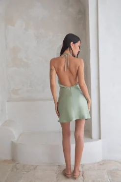 Beyond The Valley Satin Halter Mini Dress Sage