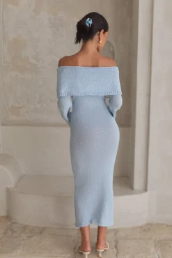 Cabana Crush Off Shoulder Knit Midi Dress Blue