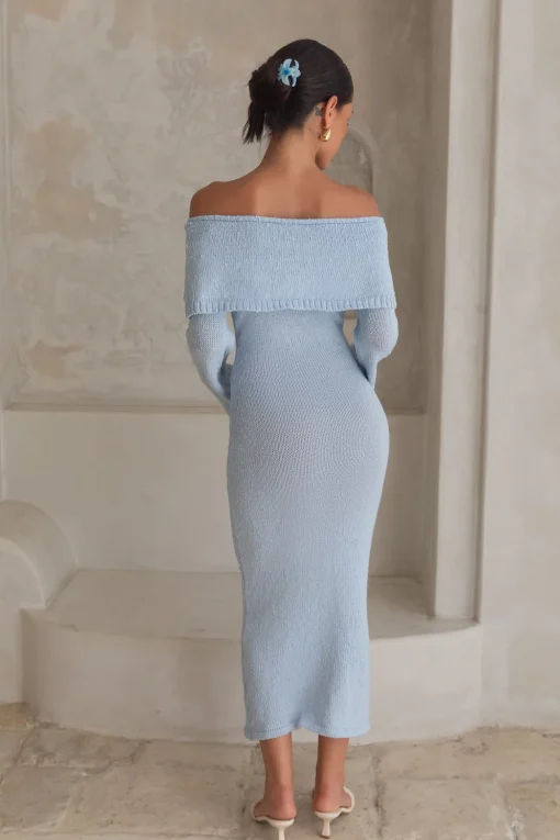 Cabana Crush Off Shoulder Knit Midi Dress Blue