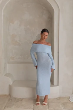 Cabana Crush Off Shoulder Knit Midi Dress Blue