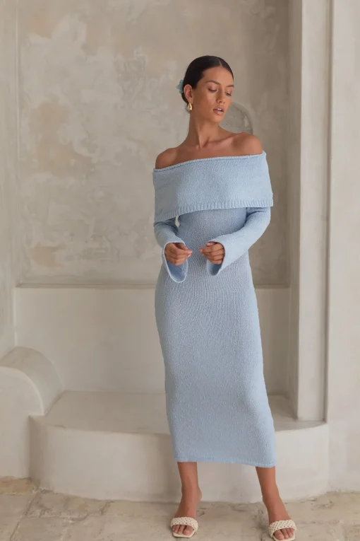 Cabana Crush Off Shoulder Knit Midi Dress Blue