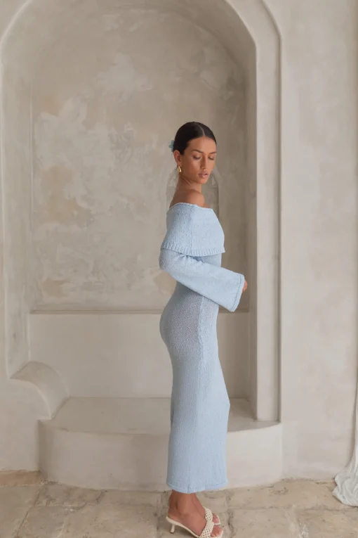 Cabana Crush Off Shoulder Knit Midi Dress Blue