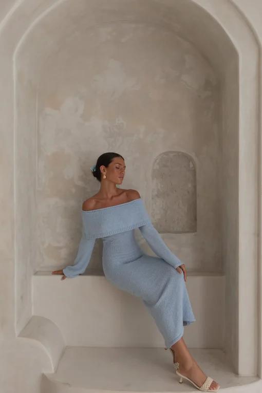 Cabana Crush Off Shoulder Knit Midi Dress Blue