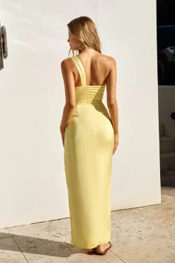 Celebrations Under Stars Satin One Shoulder Maxi Dress Yellow