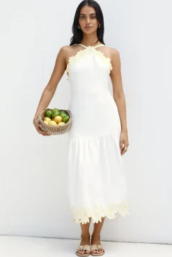 Golden Petals Midi Dress White