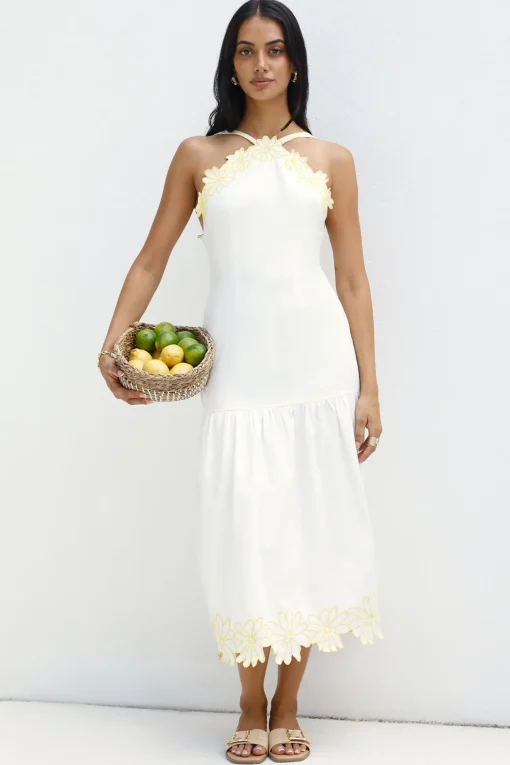 Golden Petals Midi Dress White