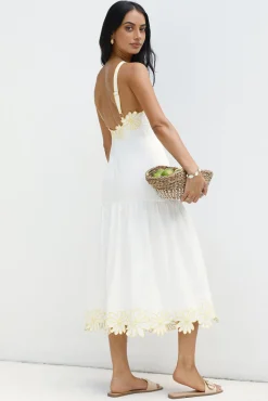 Golden Petals Midi Dress White