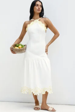 Golden Petals Midi Dress White