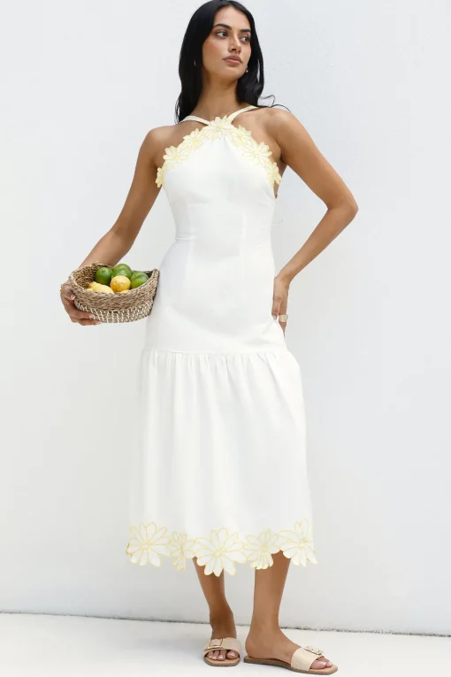 Golden Petals Midi Dress White