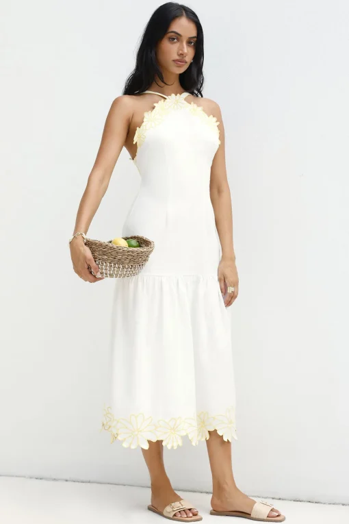 Golden Petals Midi Dress White