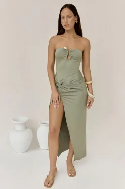 Heading Out Strapless Midi Dress Olive