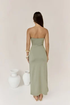 Heading Out Strapless Midi Dress Olive
