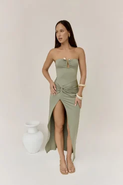 Heading Out Strapless Midi Dress Olive