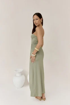 Heading Out Strapless Midi Dress Olive