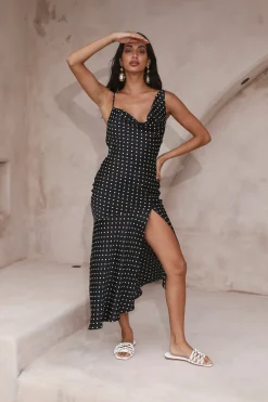 HELLO MOLLY Dotted Moment Satin Polka Dot Midi Dress Black