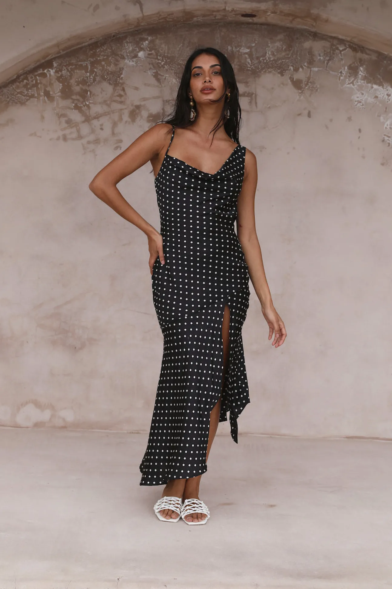 HELLO MOLLY Dotted Moment Satin Polka Dot Midi Dress Black