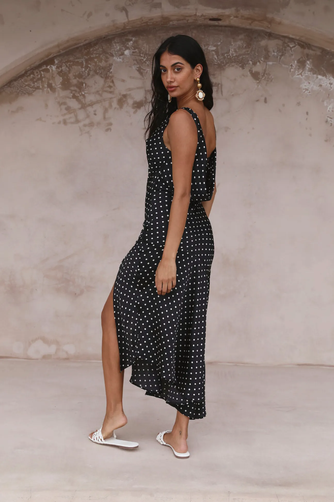 HELLO MOLLY Dotted Moment Satin Polka Dot Midi Dress Black