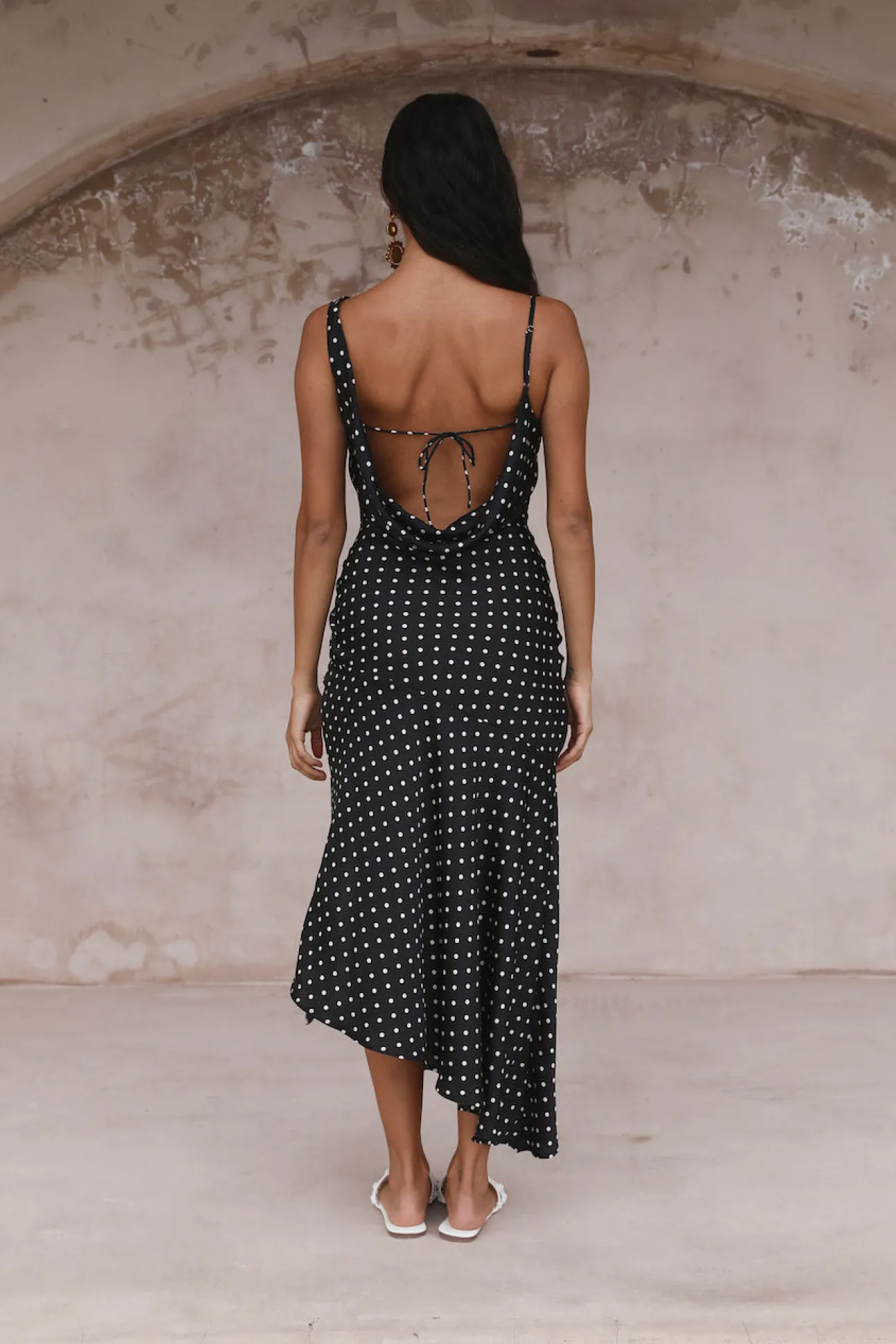 HELLO MOLLY Dotted Moment Satin Polka Dot Midi Dress Black