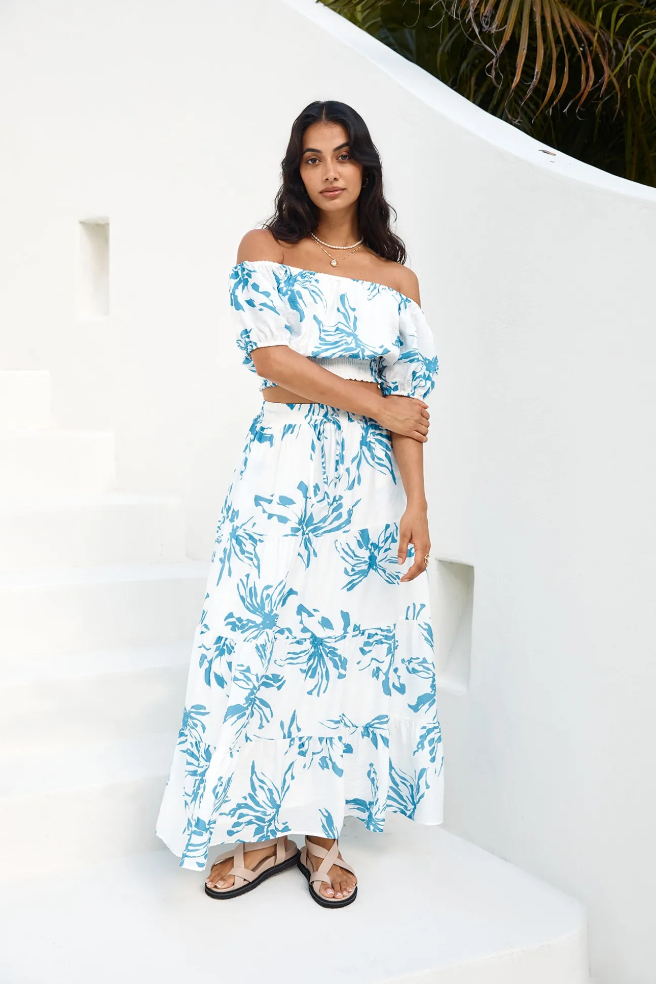 Island Whisper Off Shoulder Crop Top Blue