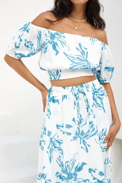 Island Whisper Off Shoulder Crop Top Blue