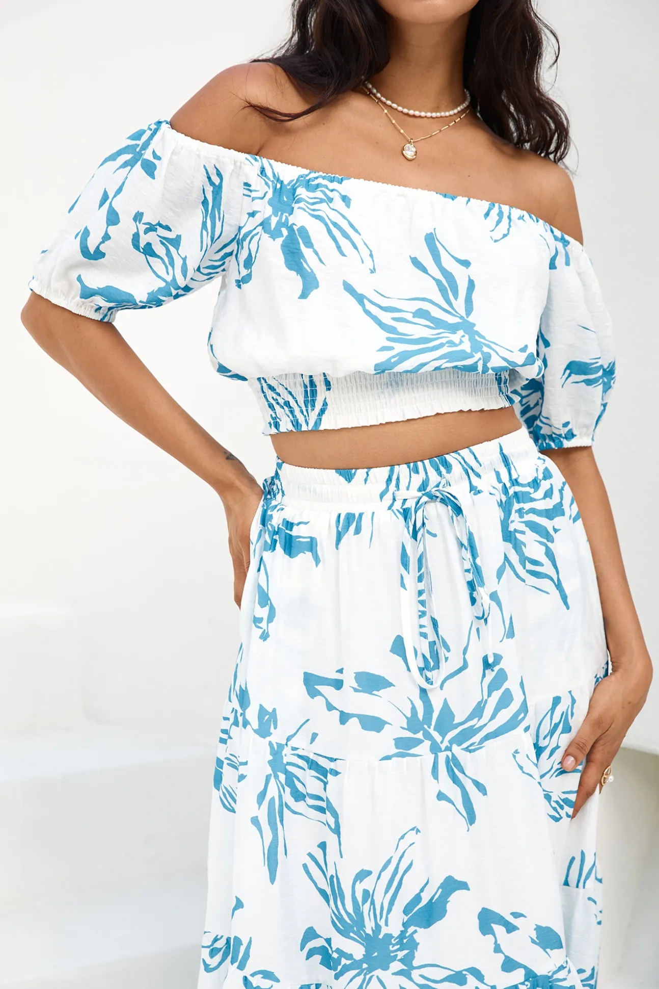 Island Whisper Off Shoulder Crop Top Blue