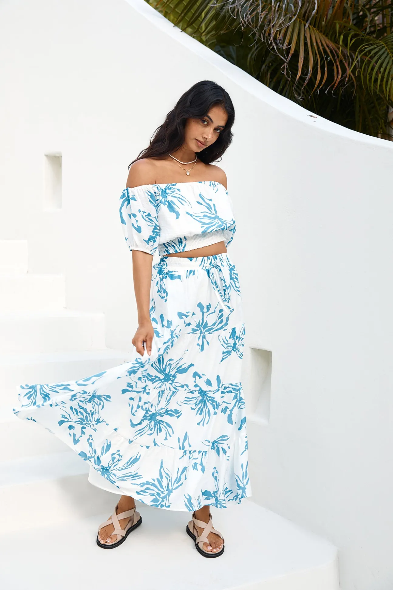 Island Whisper Off Shoulder Crop Top Blue