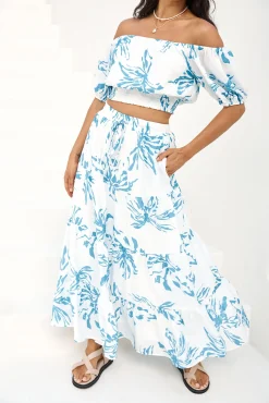 Island Whisper Off Shoulder Crop Top Blue