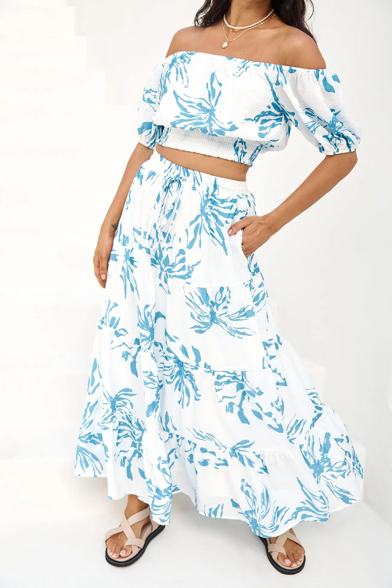 Island Whisper Off Shoulder Crop Top Blue
