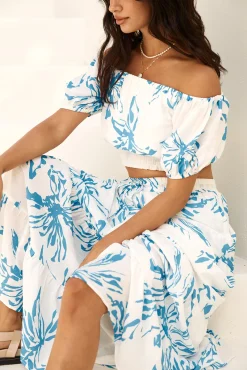 Island Whisper Off Shoulder Crop Top Blue