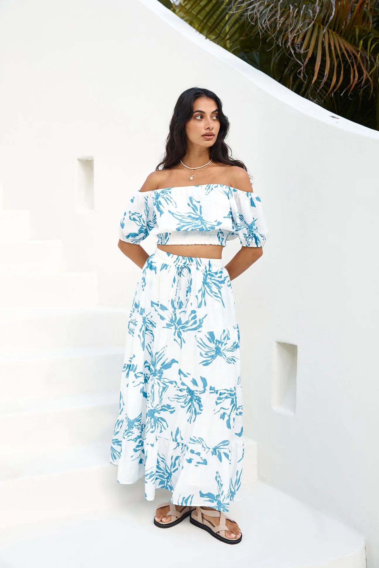 Island Whisper Off Shoulder Crop Top Blue
