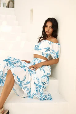 Island Whisper Off Shoulder Crop Top Blue