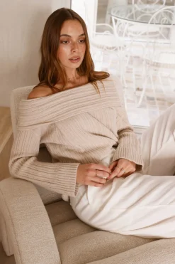 Kadija Off Shoulder Knit Top Beige