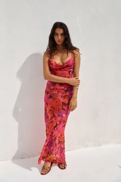 RUNAWAY THE LABEL Bad Romance Sheer Maxi Dress Pink Floral