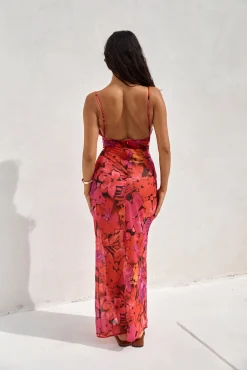 RUNAWAY THE LABEL Bad Romance Sheer Maxi Dress Pink Floral