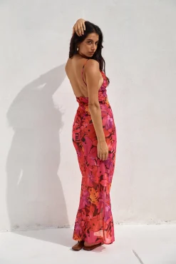 RUNAWAY THE LABEL Bad Romance Sheer Maxi Dress Pink Floral