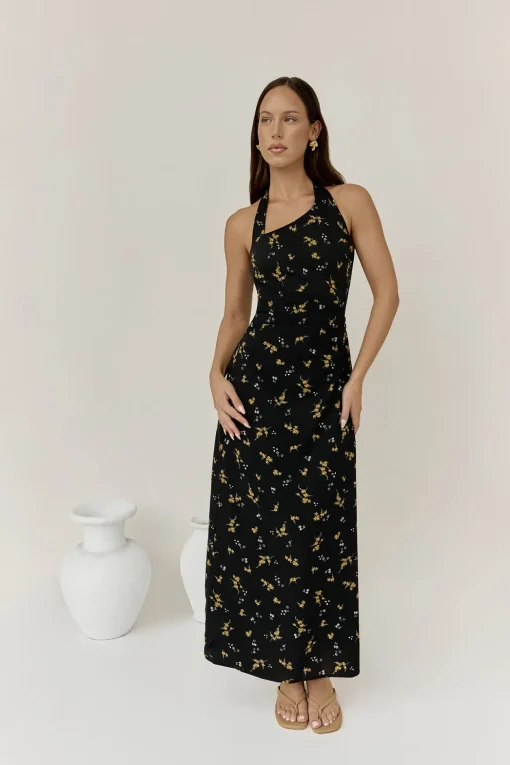 Scarlet Hues Halter Maxi Dress Black