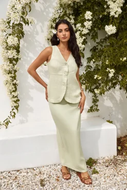 Seaside Haven Linen Vest Top Green