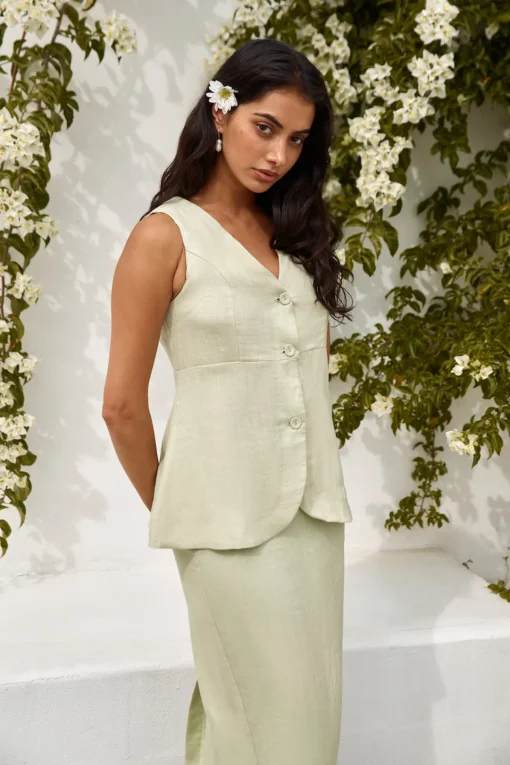 Seaside Haven Linen Vest Top Green