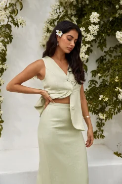 Seaside Haven Linen Vest Top Green