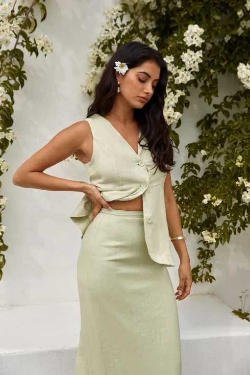 Seaside Haven Linen Vest Top Green