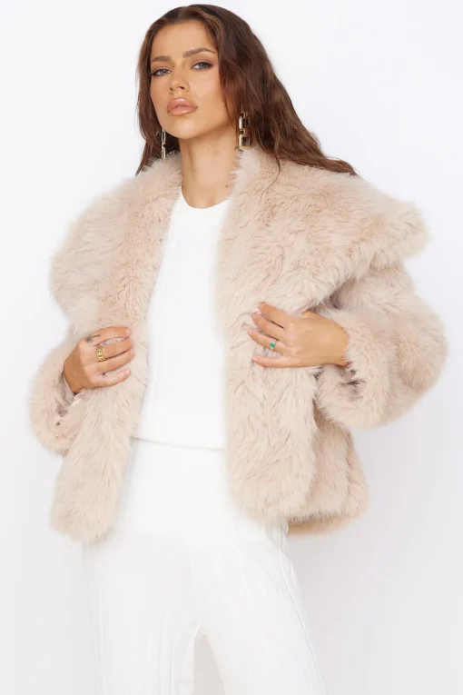 Snowflakes Falling Faux Fur Coat Cream