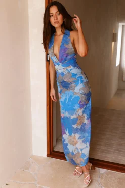 Tropical Retreat Halter Maxi Dress Blue