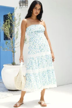Under Palm Trees Strapless Midi Dress Blue