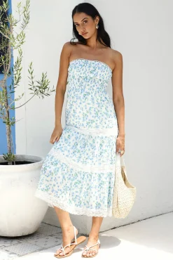 Under Palm Trees Strapless Midi Dress Blue