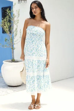 Under Palm Trees Strapless Midi Dress Blue