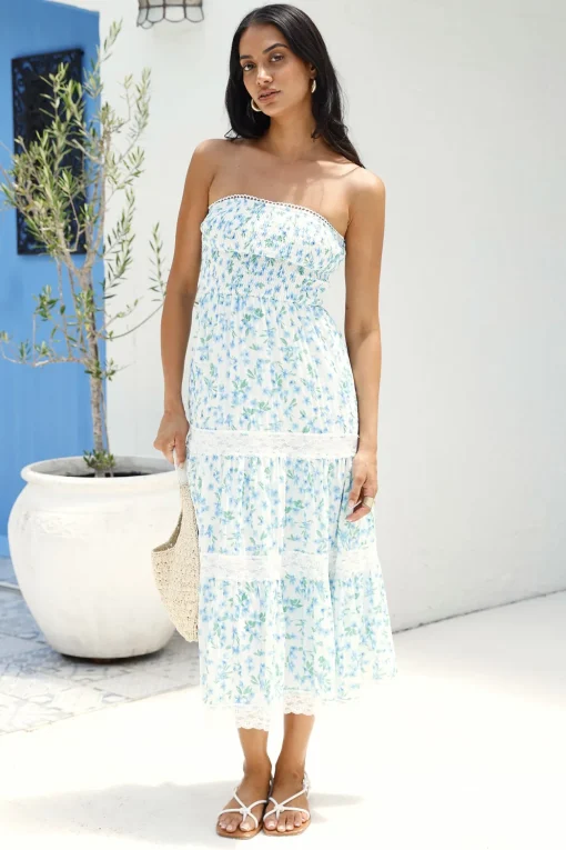Under Palm Trees Strapless Midi Dress Blue