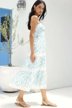 Under Palm Trees Strapless Midi Dress Blue